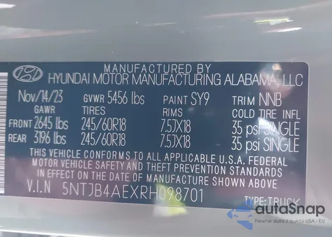 2024 Hyundai Santa Cruz Sel z USA, uszkodzony, nr VIN 5NTJB4AEXRH098701